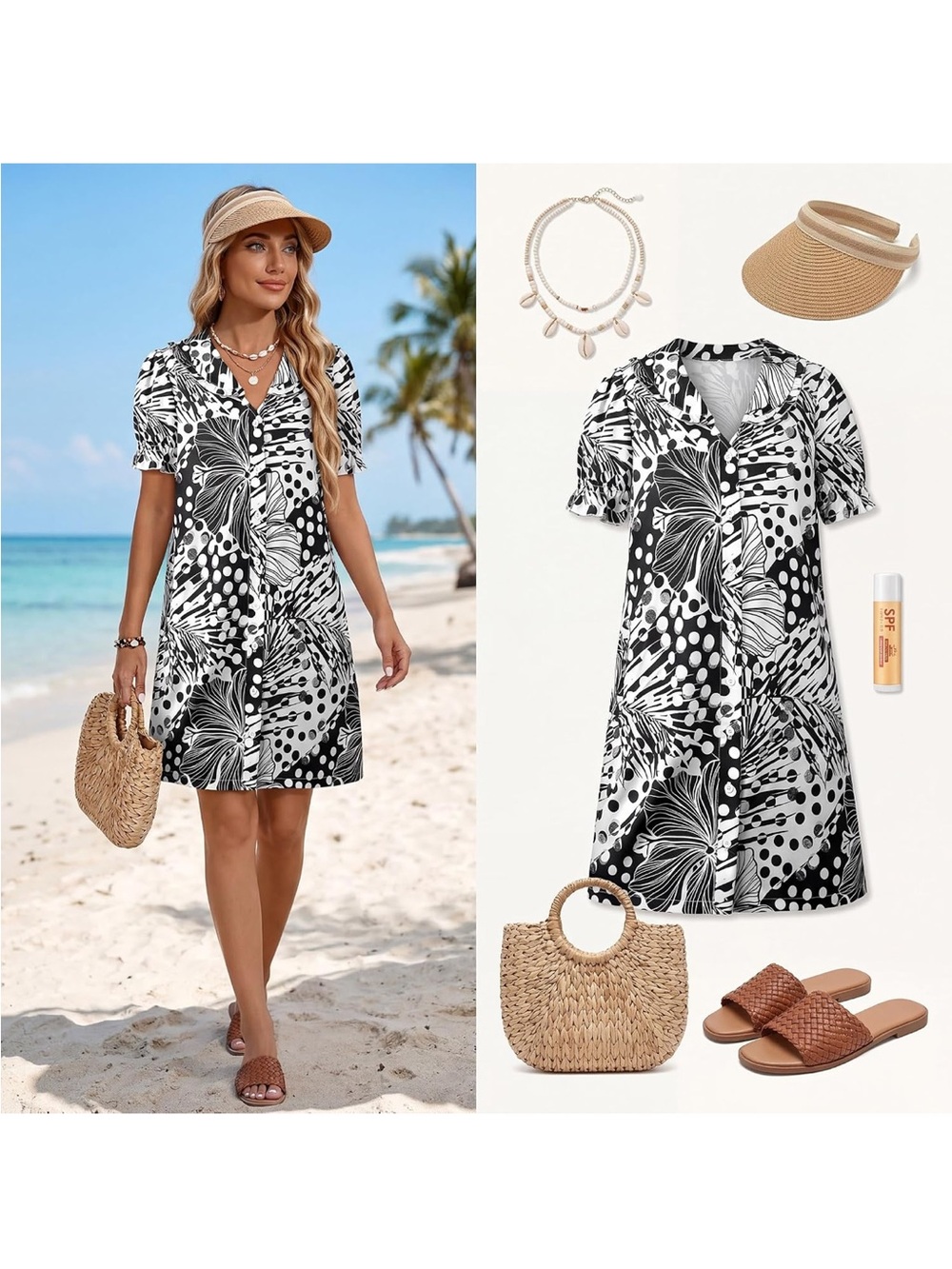 Peter Pan V Neck Collar Puff Sleeve Button
Down Shirt Dress new